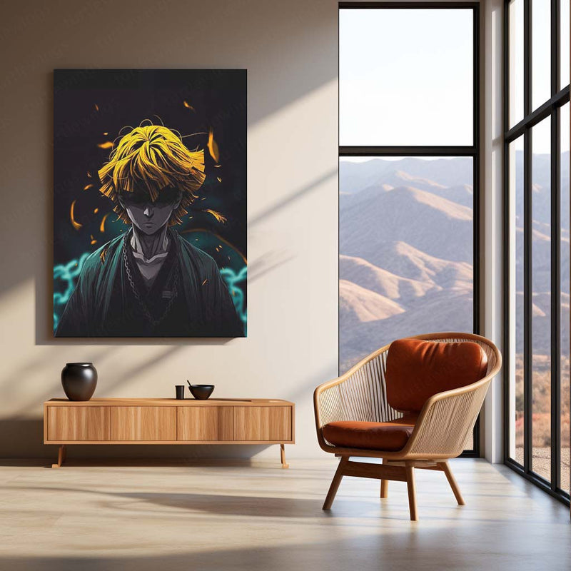 Anime Metal Poster | Zenitsu Agatsuma Dark Aura Metal Poster | Demon Slayer Anime Wall Art | Yellow & Teal Thunder Warrior Metal Print