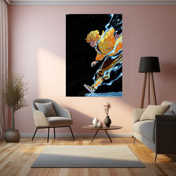 Zenitsu with Thunder Breathing – Demon Slayer Metal Frame | Anime Action Poster | Striking Lightning Wall Art