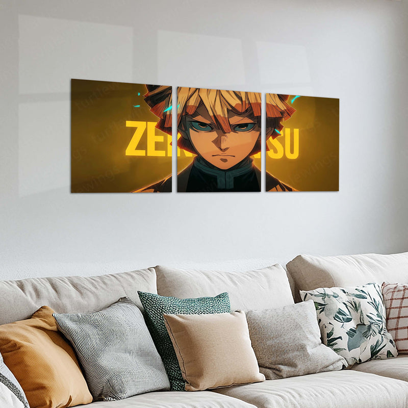 Anime Metal Poster Set of 3 | Demon Slayer | Zenitsu Thunder Breathing Triptych Wall Art