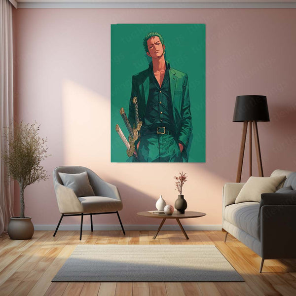 Anime Metal Poster | Roronoa Zoro – Swordmaster Metal Poster | One Piece Anime Wall Frame | Three-Sword Style Art 01