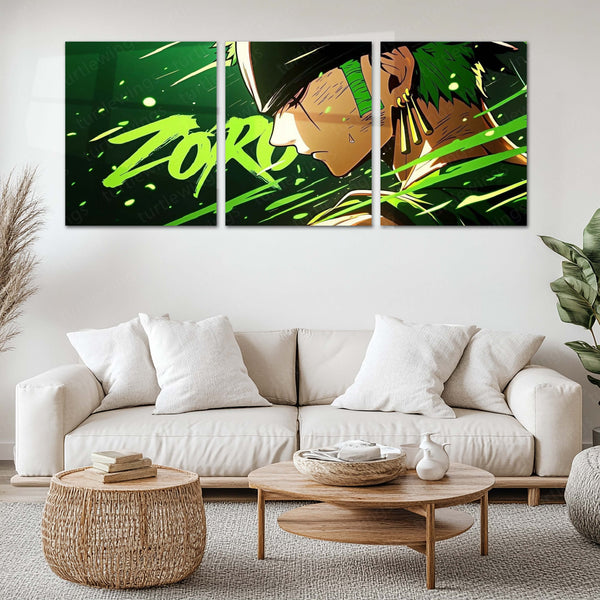Anime Metal Poster Set of 3 | One Piece | Zoro Green Swordsman Triptych Wall Art – main product image