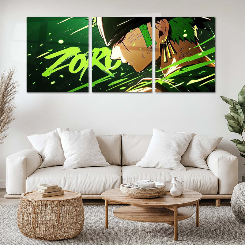 Anime Metal Poster Set of 3 | One Piece | Zoro Green Swordsman Triptych Wall Art – main product image