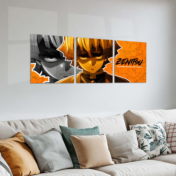 Anime Metal Poster Set of 3 | Zenitsu Agatsuma Thunder Breathing 7th Form Triptych Wall Art
