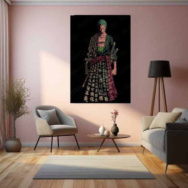Anime Metal Poster | Tech Zoro – Futuristic Swordsman with Bold Chinese Calligraphy Metal Poster | One Piece Wall Frame