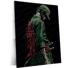 Anime Metal Poster | Tech Zoro – Futuristic Swordsman with Chinese Calligraphy Metal Poster | One Piece Wall Frame
