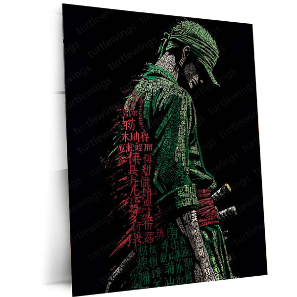 Anime Metal Poster | Tech Zoro – Futuristic Swordsman with Chinese Calligraphy Metal Poster | One Piece Wall Frame