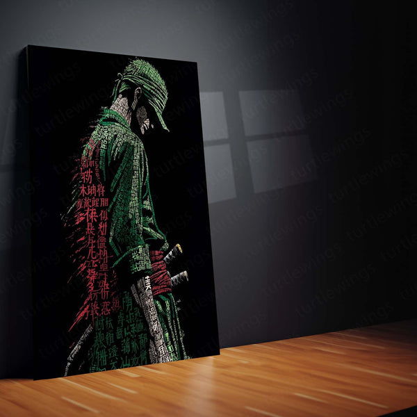 Anime Metal Poster | Tech Zoro – Futuristic Swordsman with Chinese Calligraphy Metal Poster | One Piece Wall Frame