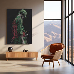 Anime Metal Poster | Tech Zoro – Futuristic Swordsman with Chinese Calligraphy Metal Poster | One Piece Wall Frame