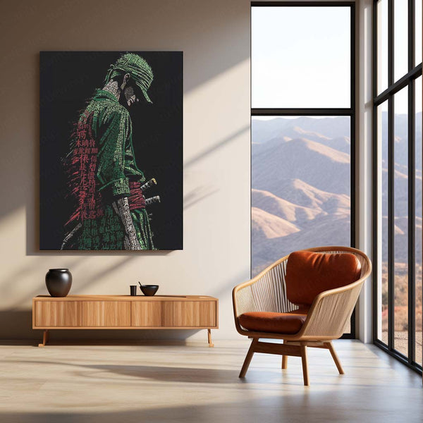 Anime Metal Poster | Tech Zoro – Futuristic Swordsman with Chinese Calligraphy Metal Poster | One Piece Wall Frame