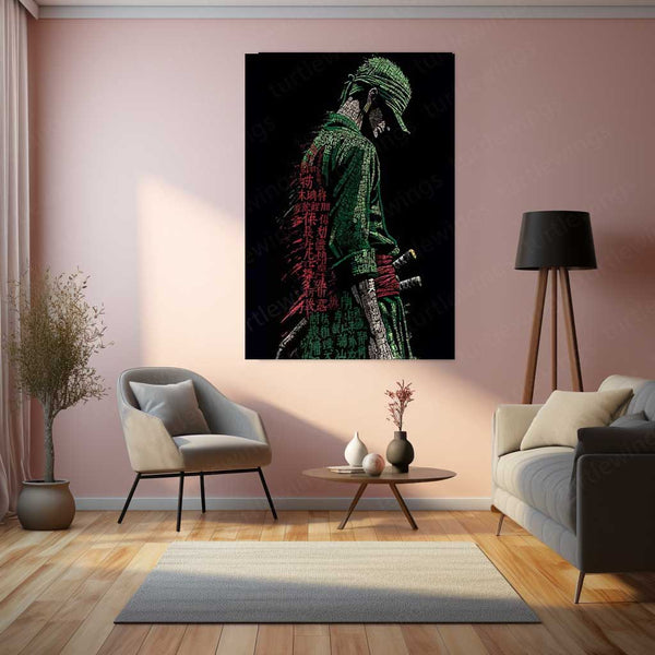 Anime Metal Poster | Tech Zoro – Futuristic Swordsman with Chinese Calligraphy Metal Poster | One Piece Wall Frame