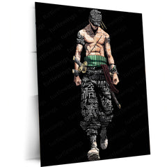 Anime Metal Poster | Tech Zoro – Cyberpunk Swordsman with Chinese Calligraphy Metal Poster | One Piece Wall Frame