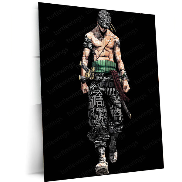 Anime Metal Poster | Tech Zoro – Cyberpunk Swordsman with Chinese Calligraphy Metal Poster | One Piece Wall Frame