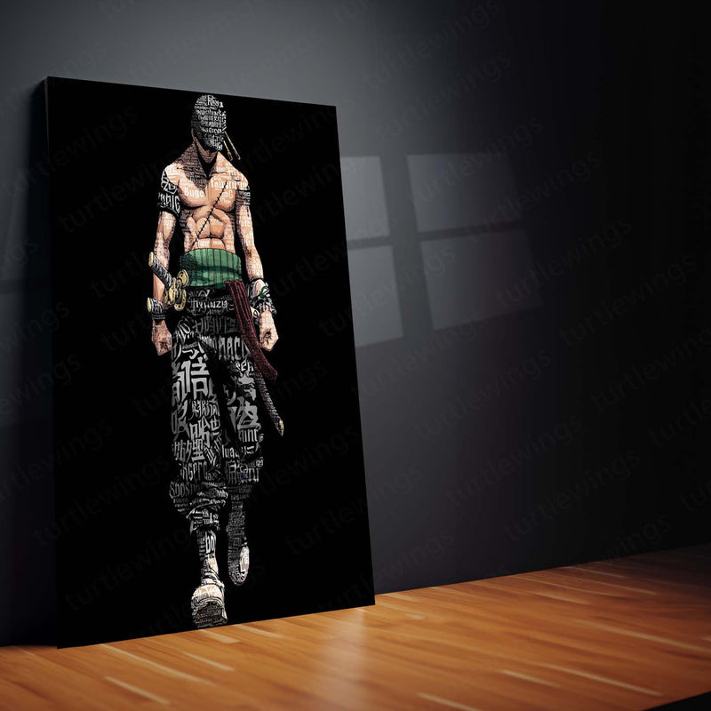 Anime Metal Poster | Tech Zoro – Cyberpunk Swordsman with Chinese Calligraphy Metal Poster | One Piece Wall Frame