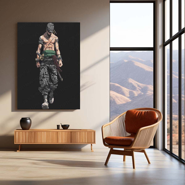 Anime Metal Poster | Tech Zoro – Cyberpunk Swordsman with Chinese Calligraphy Metal Poster | One Piece Wall Frame