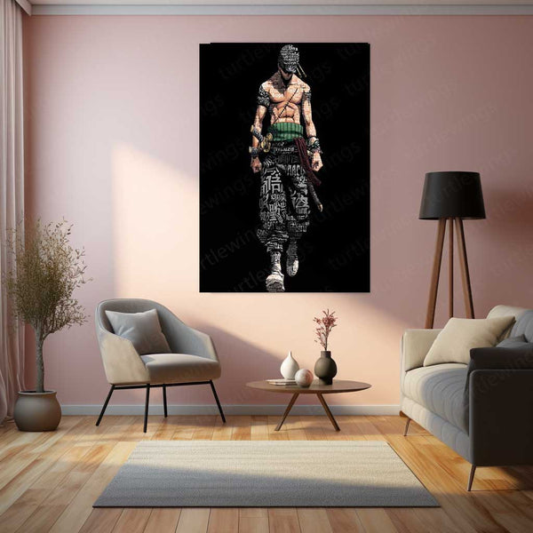 Anime Metal Poster | Tech Zoro – Cyberpunk Swordsman with Chinese Calligraphy Metal Poster | One Piece Wall Frame