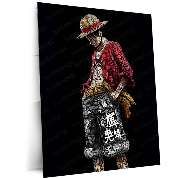 Anime Metal Poster | Tech Luffy – Futuristic Pirate King with Chinese Calligraphy Metal Poster | One Piece Wall Frame