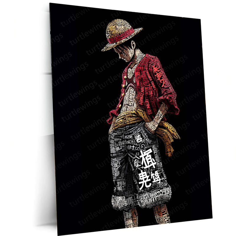 Anime Metal Poster | Tech Luffy – Futuristic Pirate King with Chinese Calligraphy Metal Poster | One Piece Wall Frame