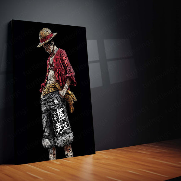 Anime Metal Poster | Tech Luffy – Futuristic Pirate King with Chinese Calligraphy Metal Poster | One Piece Wall Frame