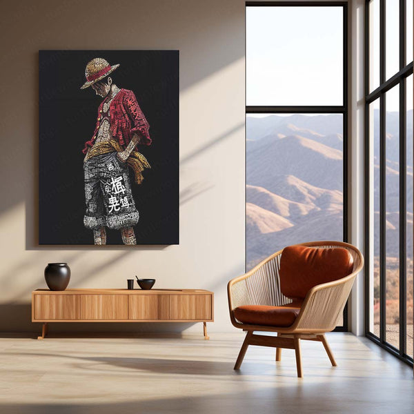 Anime Metal Poster | Tech Luffy – Futuristic Pirate King with Chinese Calligraphy Metal Poster | One Piece Wall Frame