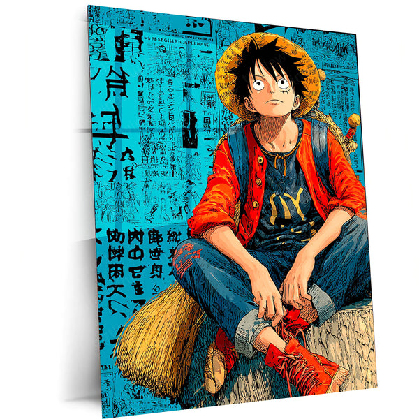 Anime Metal Poster | Tech Luffy – Futuristic Pirate King with Bold English Writing Metal Poster | One Piece Wall Frame