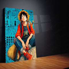Anime Metal Poster | Tech Luffy – Futuristic Pirate King with Bold English Writing Metal Poster | One Piece Wall Frame