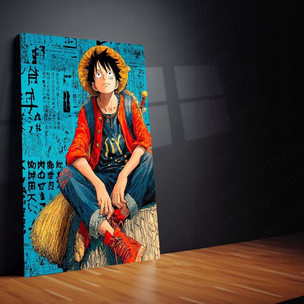 Anime Metal Poster | Tech Luffy – Futuristic Pirate King with Bold English Writing Metal Poster | One Piece Wall Frame