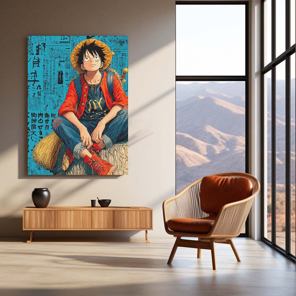 Anime Metal Poster | Tech Luffy – Futuristic Pirate King with Bold English Writing Metal Poster | One Piece Wall Frame