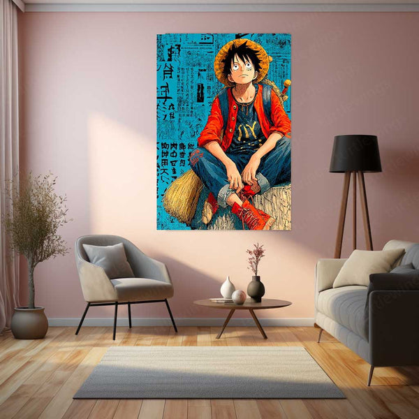 Anime Metal Poster | Tech Luffy – Futuristic Pirate King with Bold English Writing Metal Poster | One Piece Wall Frame