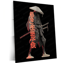 Anime Metal Poster | Tech Samurai – Futuristic Warrior with Japanese Calligraphy Metal Poster | Cyberpunk Wall Frame
