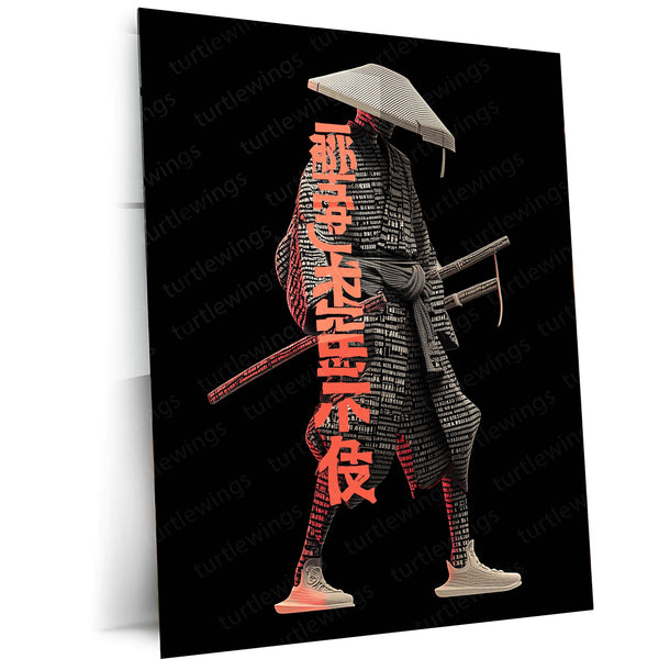 Anime Metal Poster | Tech Samurai – Futuristic Warrior with Japanese Calligraphy Metal Poster | Cyberpunk Wall Frame