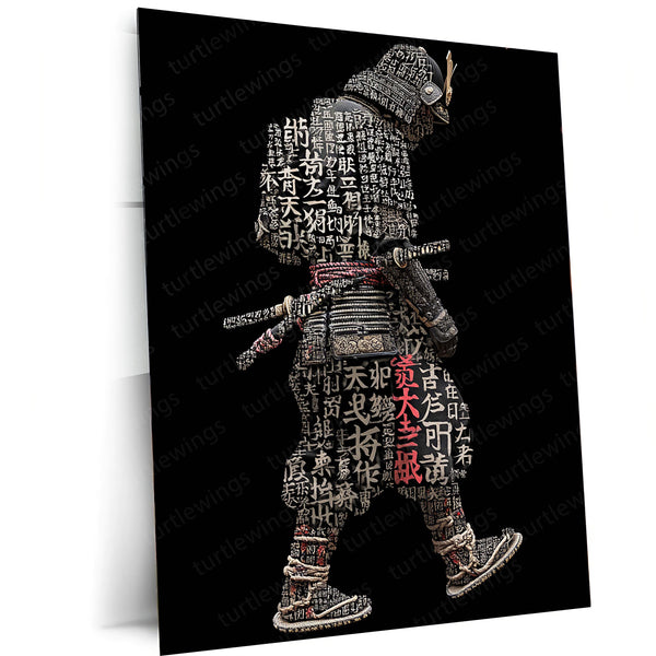 Anime Metal Poster | Tech Samurai – Cybernetic Warrior with Japanese Calligraphy Metal Poster | Futuristic Wall Frame