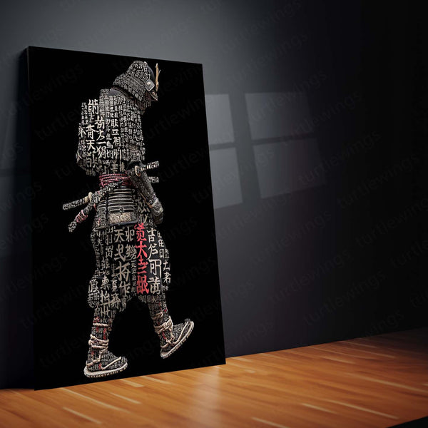 Anime Metal Poster | Tech Samurai – Cybernetic Warrior with Japanese Calligraphy Metal Poster | Futuristic Wall Frame