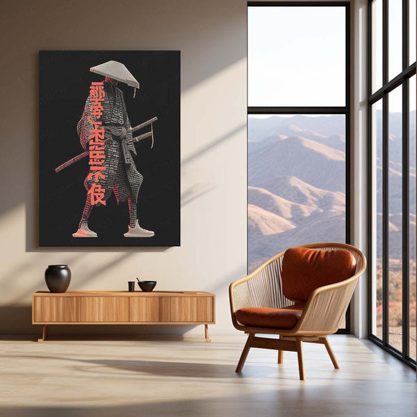 Anime Metal Poster | Tech Samurai – Futuristic Warrior with Japanese Calligraphy Metal Poster | Cyberpunk Wall Frame