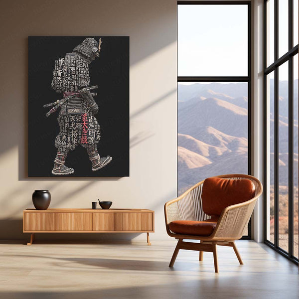 Anime Metal Poster | Tech Samurai – Cybernetic Warrior with Japanese Calligraphy Metal Poster | Futuristic Wall Frame