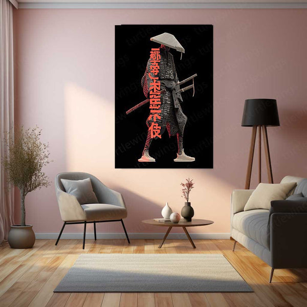 Anime Metal Poster | Tech Samurai – Futuristic Warrior with Japanese Calligraphy Metal Poster | Cyberpunk Wall Frame
