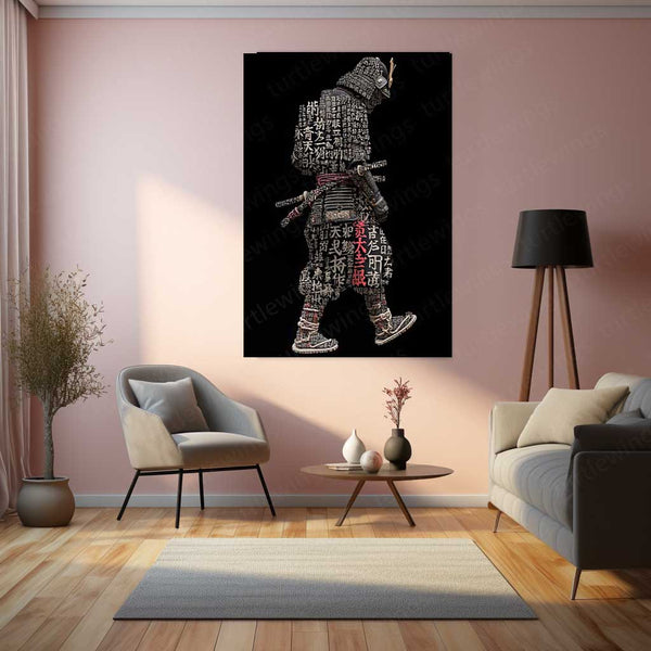 Anime Metal Poster | Tech Samurai – Cybernetic Warrior with Japanese Calligraphy Metal Poster | Futuristic Wall Frame