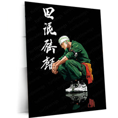 Anime Metal Poster | Tech Zoro – Futuristic Swordsman with Bold Chinese Writing Metal Poster | One Piece Wall Frame