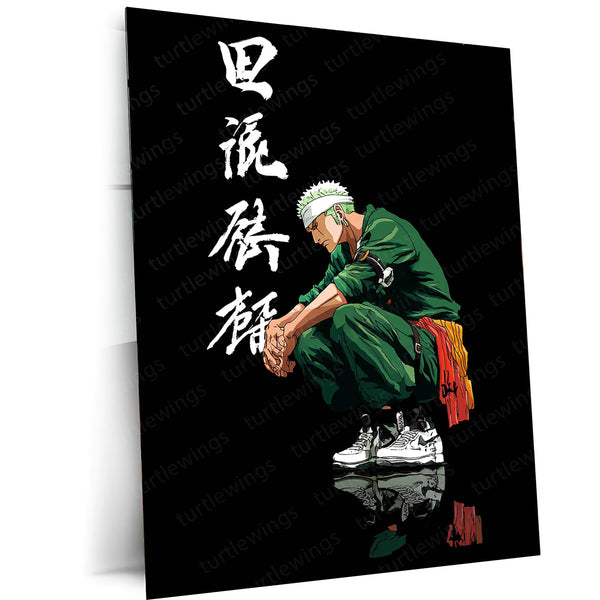 Anime Metal Poster | Tech Zoro – Futuristic Swordsman with Bold Chinese Writing Metal Poster | One Piece Wall Frame