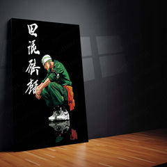 Anime Metal Poster | Tech Zoro – Futuristic Swordsman with Bold Chinese Writing Metal Poster | One Piece Wall Frame