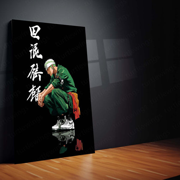 Anime Metal Poster | Tech Zoro – Futuristic Swordsman with Bold Chinese Writing Metal Poster | One Piece Wall Frame