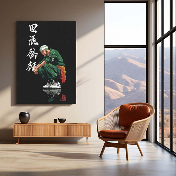 Anime Metal Poster | Tech Zoro – Futuristic Swordsman with Bold Chinese Writing Metal Poster | One Piece Wall Frame