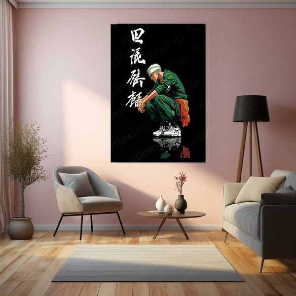 Anime Metal Poster | Tech Zoro – Futuristic Swordsman with Bold Chinese Writing Metal Poster | One Piece Wall Frame