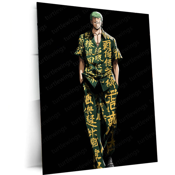 Anime Metal Poster | Tech Zoro – Futuristic Swordsman with Chinese Calligraphy Metal Poster | One Piece Wall Frame