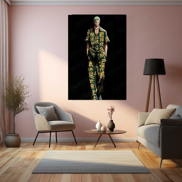 Anime Metal Poster | Tech Zoro – Futuristic Swordsman with Chinese Calligraphy Metal Poster | One Piece Wall Frame