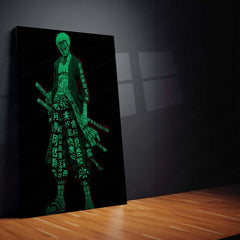 Anime Metal Poster | Tech Zoro – Futuristic Swordsman with Chinese Calligraphy Metal Poster | One Piece Wall Frame