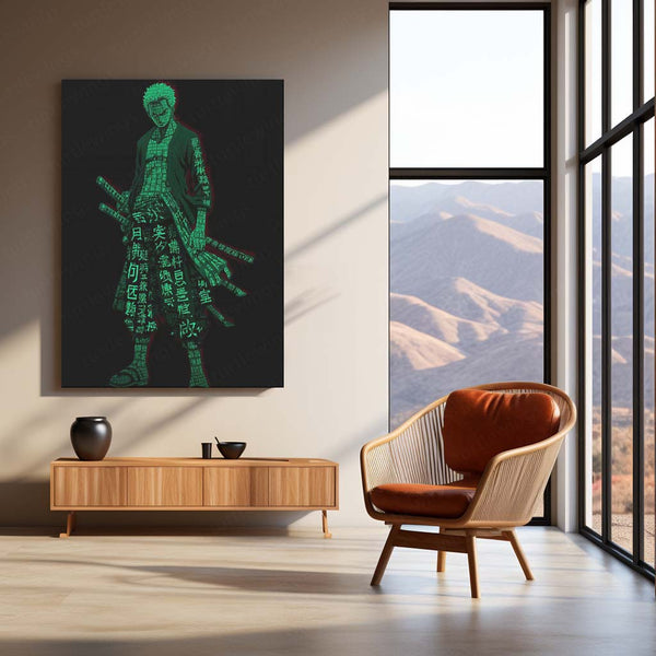 Anime Metal Poster | Tech Zoro – Futuristic Swordsman with Chinese Calligraphy Metal Poster | One Piece Wall Frame