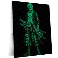 Anime Metal Poster | Tech Zoro – Futuristic Swordsman with Chinese Calligraphy Metal Poster | One Piece Wall Frame