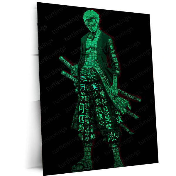 Anime Metal Poster | Tech Zoro – Futuristic Swordsman with Chinese Calligraphy Metal Poster | One Piece Wall Frame