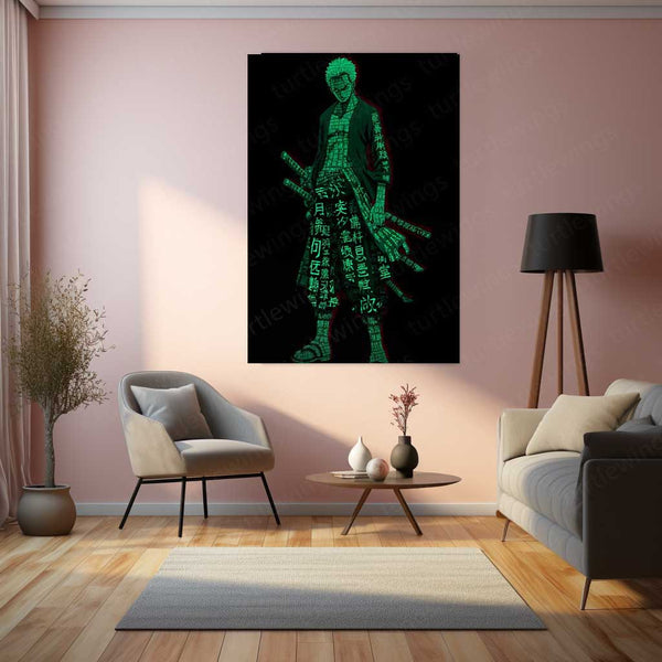 Anime Metal Poster | Tech Zoro – Futuristic Swordsman with Chinese Calligraphy Metal Poster | One Piece Wall Frame