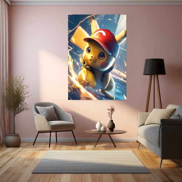 Anime Metal Poster | Pikachu – Pokemon Metal Poster | Pikachu with Ash’s Cap Wall Frame